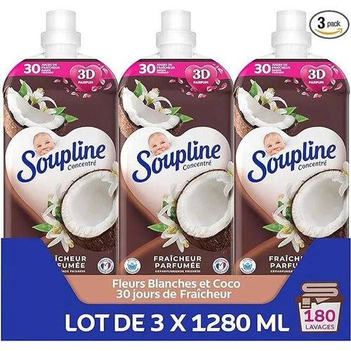 SOUPLINE Adoucissant Concentré 3D Senteur Noix de Coco Lot de 3 x 1.28L