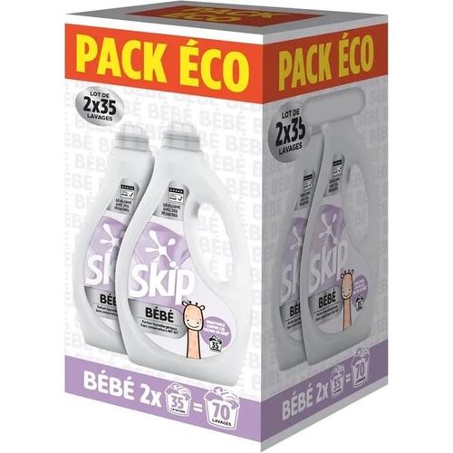 Skip - Lessive Bébé - Respect des Peaux Sensibles - 70 lavages - Parfum Hypoallergénique - 2x35 Lavages