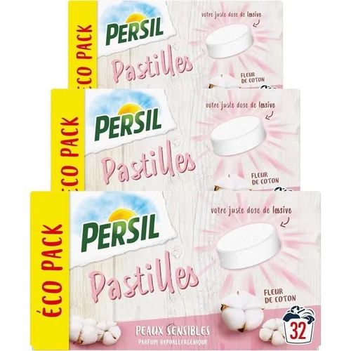 Persil Lessive en Pastilles Peaux sensibles, 96 lavages, parfum fleur de coton hypoallergénique (lot promo de 3x32)