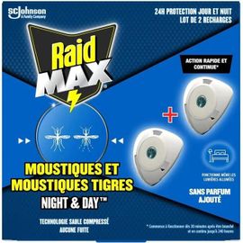Raid Max Recharges Diffuseur Electrique Liquide - Anti-Moustiques et Moustiques Tigres - Sans Parfum - 2 Recharges