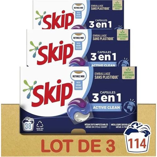SKIP - Lessive liquide en capsules Active Clean 3 en 1 - 114 lavages - fraîcheur longue durée - sans emballage plastique (lot 3x38)