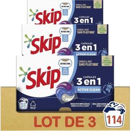 SKIP - Lessive liquide en capsules Active Clean 3 en 1 - 114 lavages - fraîcheur longue durée - sans emballage plastique (lot 3x38)
