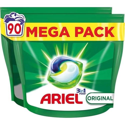 Ariel 3in1 PODS, Lessive Liquide En Capsules 90 Lavages, Original, Dissolution Rapide, Impeccable A Froid Et En Cycle Court