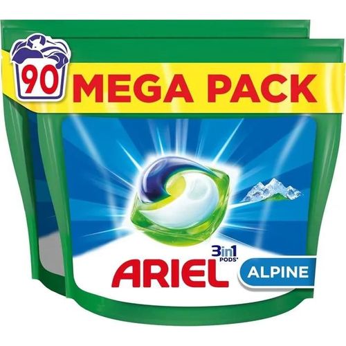 Ariel 3in1 PODS, Lessive Liquide En Capsules 90 Lavages, Alpine, Dissolution Rapide, Impeccable A Froid et En Cycle Court
