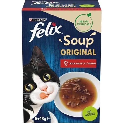 Felix | Soup Original | Soupes Sachets Chat Adulte | Aliment Humide | Boeuf, Poulet Et Agneau | Sachet Fraîcheur| Lot De 8 (6 X 48g)