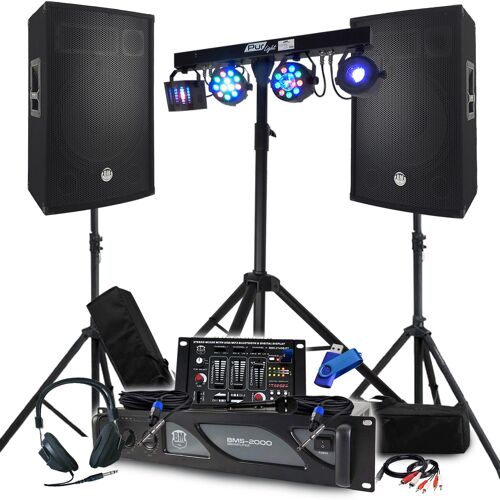 Pack Sono BM SONIC 4400W Ampli 2000W, Enceintes 15" avec Pieds, Table de Mixage, Euphoria Portique + 48 effets lumière +Clé 32G