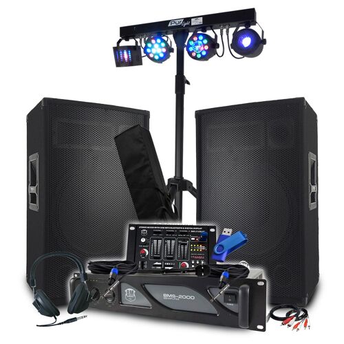 Pack Sono BM SONIC Amplificateur 2000W, Enceintes Passives 2x700W, Table de Mix, Euphoria Portique + 48 effets lumière+Clé 32G