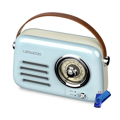 Radio Rétro portable Ledwood ALMA, FM, Bluetooth 5.3 Entrée USB, Puissance 30W - Batterie 1500mAh - Retro Vintage - Bleu+Clé 32G