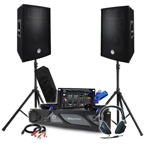 Pack Sono BM SONIC Ampli 2000W, Paire d'Enceintes Passives 2x700W, Table de Mix, Pieds, Casque DJ, Câbles et Micro+Clé 32G