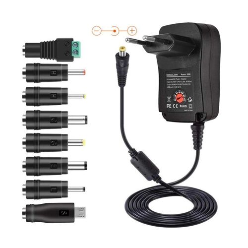 Adaptateur secteur alimentation 35W 3,5A/3V/4.5V/5V/6V/7.5V/9V/12V, 7 Connecteurs Transformateur multi-tension Noir -Visiodirect
