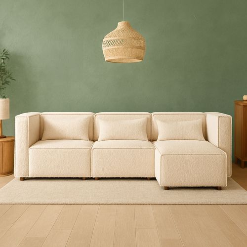 Modular - Canapé Modulable 3 Places Bouclette Beige Avec Pouf