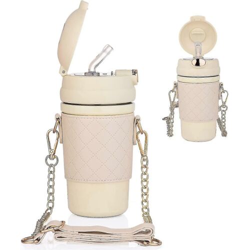 Bouteille Isotherme Avec Paille, Housse En Acier Inoxydable Et Sangle De Transport, 480 Ml (Beige) : Newway