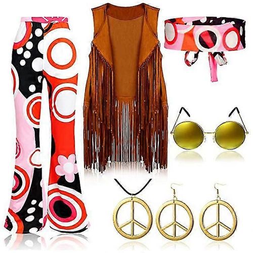 Costume Rétro Hippie Des Années 70 Avec Gilet À Pompons, Pantalon Et Écharpe Newway