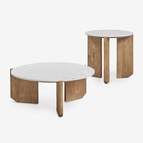 Ensemble De 2 Tables Basses Rondes En Pierre Naturelle Et Bois De Manguier Lavinia Bois Naturel