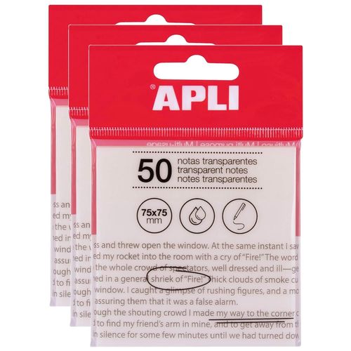 Apli Lot De 3 Packs 50 Feuilles Notes Adhésives 75 X 75 Mm Incolore Transparent