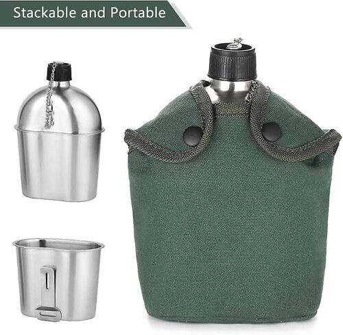 Ensemble Gourde Et Tasse Militaire En Acier Inoxydable Durable - 1000 Ml Et 600 Ml Pour Le Camping, La Randonnée Et La Survie
