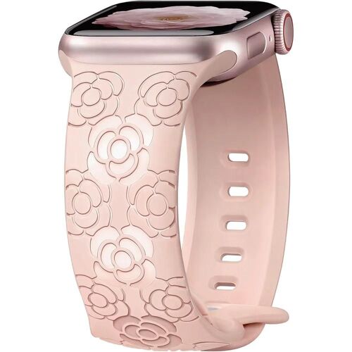 Bracelet Pour Apple Watch 38mm-40mm-41mm Series 9 8 Se 7 6 5 4 3 2 1 / 42mm (Serie 10/11) Silicone Motif Fleur Camélia Rose - E.F.Connection