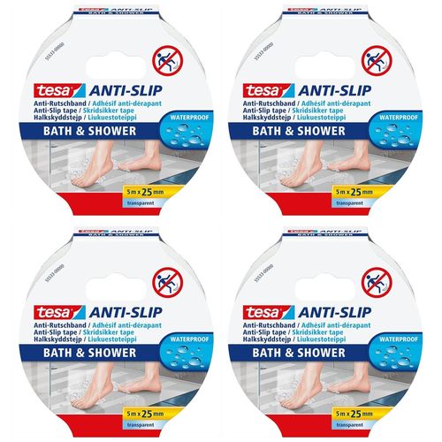 tesa Lot de 4 Rubans adhésif anti-dérapant, Bain & Douche, transparent