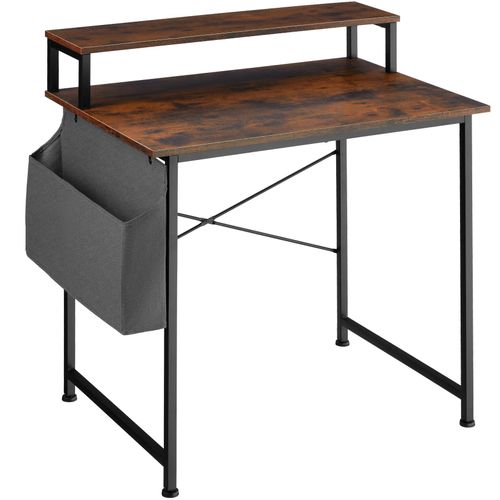 Table De Bureau Avec Étagère De Rangement Et Poche En Tissu - Bois Foncé Industriel - 80 Cm