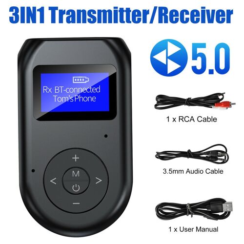 Adaptateur de musique sans fil Bluetooth V5.0 TX/RX avec écran, câbles 3,5 mm et RCA, streaming audio portable