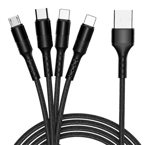 Câble de données multifonction 4 en 1 en nylon de 1,2 m pour iPhone, Type C, Micro USB - Rouge/Noir