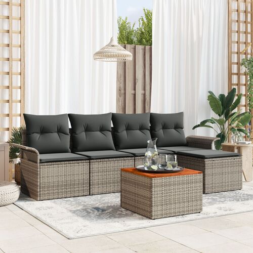 Ensemble De Canapé De Jardin 6 Pièces Avec Coussins Gris Poly Rattan Acacia, Canapé De Jardin 2 Places Avec Rangement Et Coussins Gris Poly Rattan