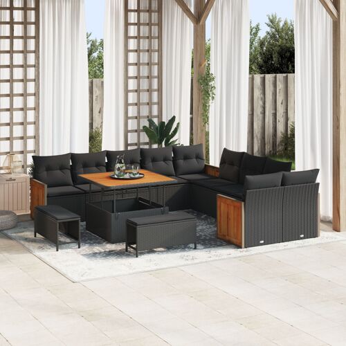 Ensemble De Canapé De Jardin 13 Pièces Avec Coussins Noir Poly Rattan Acacia, Canapé De Jardin 2 Places Avec Coussins Noir Poly Rattan, Ensemble De Repas De Jardin 3 Pièces Avec Coussins Noir Poly Rattan Acacia