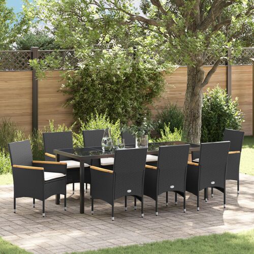 Vidaxl Ensemble De Salle À Manger De Jardin 9 Pièces Avec Coussins En Poly Rotin Noir, Table De Jardin Vidaxl Noire 200x80x73 Cm En Verre Trempé