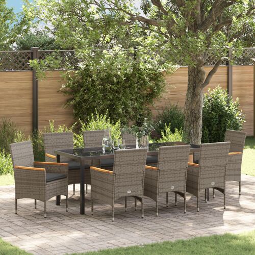Vidaxl Ensemble De Salle À Manger De Jardin De 9 Pièces Avec Coussins En Poly Rotin Gris, Table De Jardin Vidaxl Noire 200x80x73 Cm En Verre Trempé