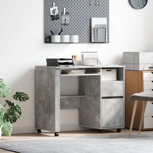 Vidaxl Bureau D'ordi Gris Béton Panneaux De Particules Moyen Roues