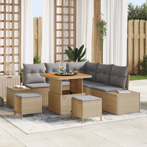 Set de canapé jardin 8 pièces avec coussins beiges en poly rattan acacia, Canapé jardin 2 places avec rangement et coussins beiges en poly rattan, Set salle à manger jardin 3 pièces avec coussins beiges en poly rattan acacia