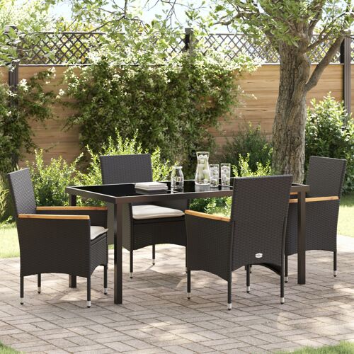 Ensemble De Salle À Manger De Jardin 5 Pièces Avec Coussins En Poly Rotin Noir Vidaxl, Table De Jardin Vidaxl Noire 160x80x73 Cm En Verre Trempé