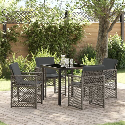 Ensemble De Salle À Manger De Jardin À 5 Pièces Avec Coussins Gris Poly Rattan, Table De Jardin Vidaxl Noire 80x80x73 Cm Verre Trempé