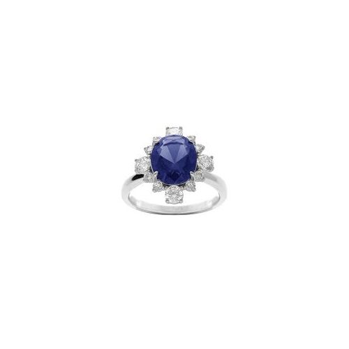 Bague Argent Rhodié Oxyde Centrale Bleu Foncé Contour Oxydes Blancs Sertis
