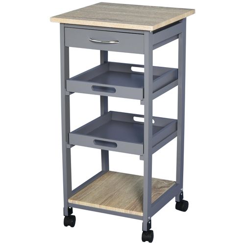 Chariot De Service Desserte De Cuisine À Roulettes 2 Plateaux Amovibles, Tiroir, Étagère Mdf Chêne Clair