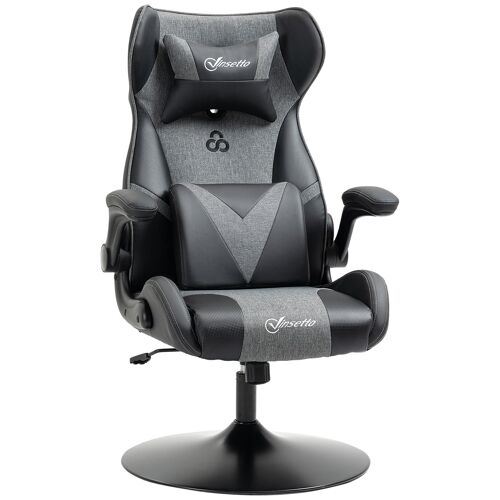 Fauteuil Gaming Base Ronde Métal Pivotante 360° Hauteur Réglable Tétière Coussin Lombaires Accoudoirs Relevables Pu Tissu Gris Noir