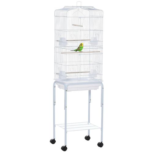 Pawhut Cage À Oiseaux Sur Pied Volière Oiseaux Sur Roulettes Avec Toit Ouvrant 3 Perchoirs Étagère Inférieure 46,5 X 36 X 157 Cm