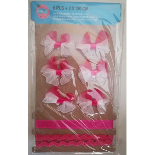 Kit 6 Noeuds + 2x1m Ruban Assortis Ton Rose Foncé Et Blanc Pour Scrapbooking, Carterie, Décoration... -