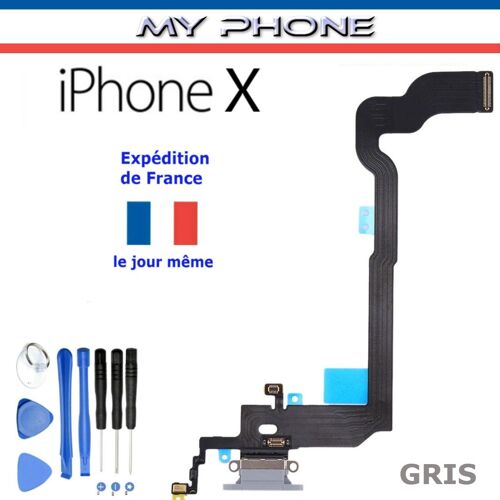 Connecteur De Charge Apple Iphone X / 10 Gris+ Microphone - Dock Port Micro Usb Nappe Flex + Kit 8 Outils