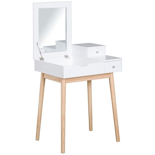 Coiffeuse Design Scandinave Table De Maquillage Multi-Rangements Miroir Pliable 60l X 50l X 86h Cm Pin Et Mdf Blanc