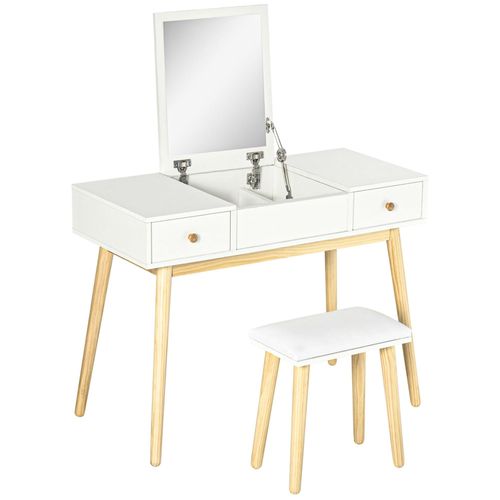 Coiffeuse Avec Tabouret Style Scandinave - 2 Tiroirs, Compartiment Porte Miroir - Panneaux Blanc