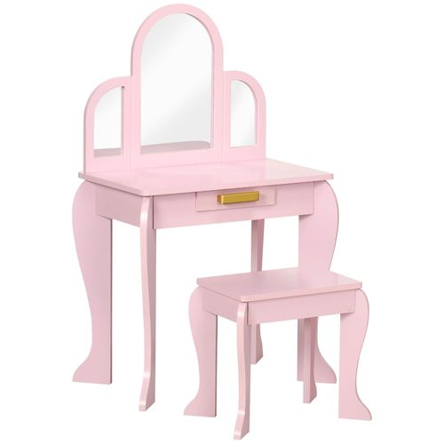 Coiffeuse Enfant Design Girly - Tabouret Inclus - Dim. 52l X 32l X 85h Cm - Tiroir, 3 Miroirs - Mdf Bois De Pin - Rose Poudré