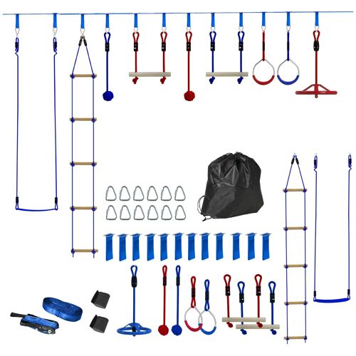 Parcours D'obstacles Ninja Enfant 10m 10 Accessoires Max. 50kg - Slackline, Sac Transport - Rouge Bleu