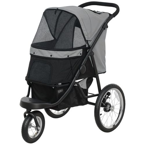 Poussette Jogger Pour Chien Pliable En Un Clic - Panier De Rangement, Coussin Lavable, Attache, Auvent Réglable - Gris