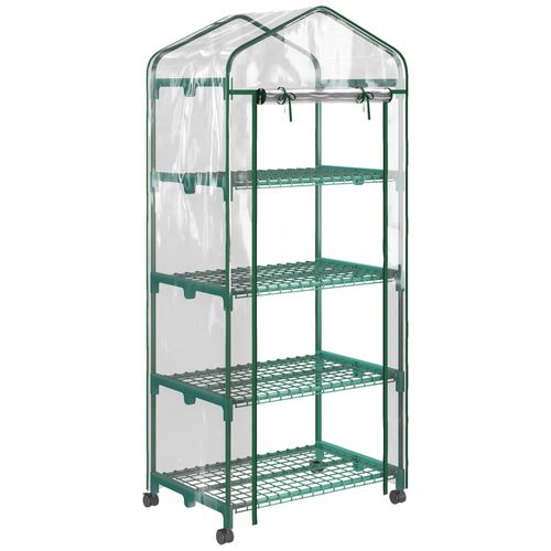 Serre De Jardin Balcon Sur Roulettes 4 ?Tag?Res Dim. 0,69l X 0,5l X 1,65h M Acier Thermolaqu? B?Che Pvc Porte Zipp?E Transparente