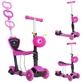 Trottinette Pour Enfants Trottinette 3 Roues Évolutive 3 En 1 Hauteur Guidon Réglable Canne Telescopique Selle Dossier Amovible Rose