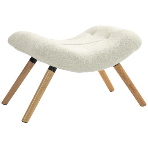 Pouf Bouclette Design Scandinave - Repose-Pieds - Piètement Incliné Bois Assise Courbée Effet Laine Bouclée