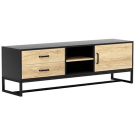 Meuble Tv Moderne - Porte, Étagère, 2 Tiroirs, 2 Niches - Acier Noir Effet Bois