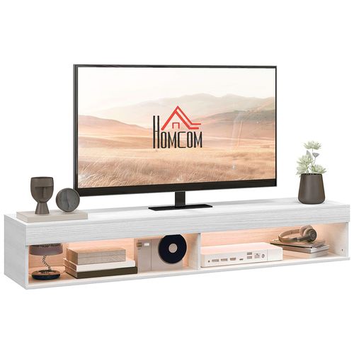 Meuble Tv Design Led Suspendu Mural - 75 Pouces Max. - 2 Niches - Dim. 180l X 40l X 30h Cm - Aspect Bois Blanc