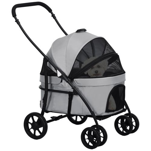 Poussette Pour Chien Pliable Nacelle 2 En 1 - Poignée, Housse Zippée, Pochette - Acier Oxford Gris